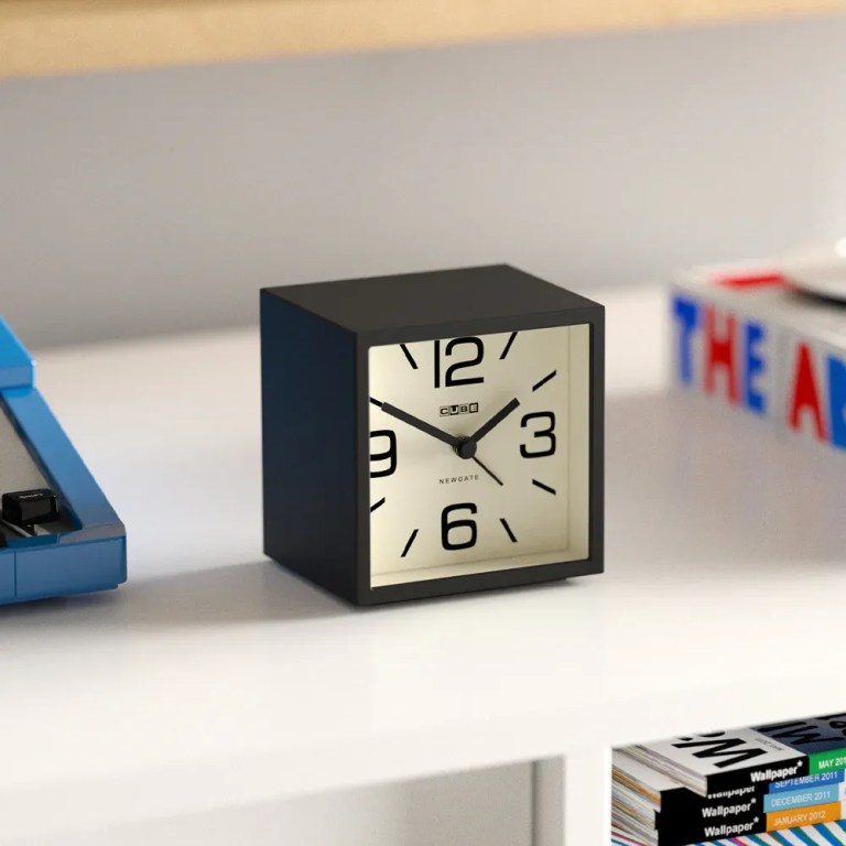 newgate cube mantel clock black Black cube analogue clock on white shelf