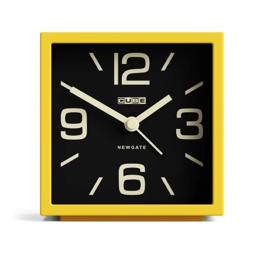 v398 ng almcub358cy 00.webp Yellow square Newgate Cube clock with black face