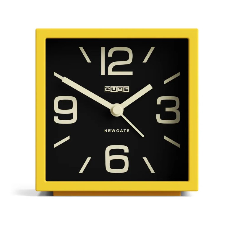 v398 ng almcub358cy 00.webp Yellow square Newgate Cube clock with black face