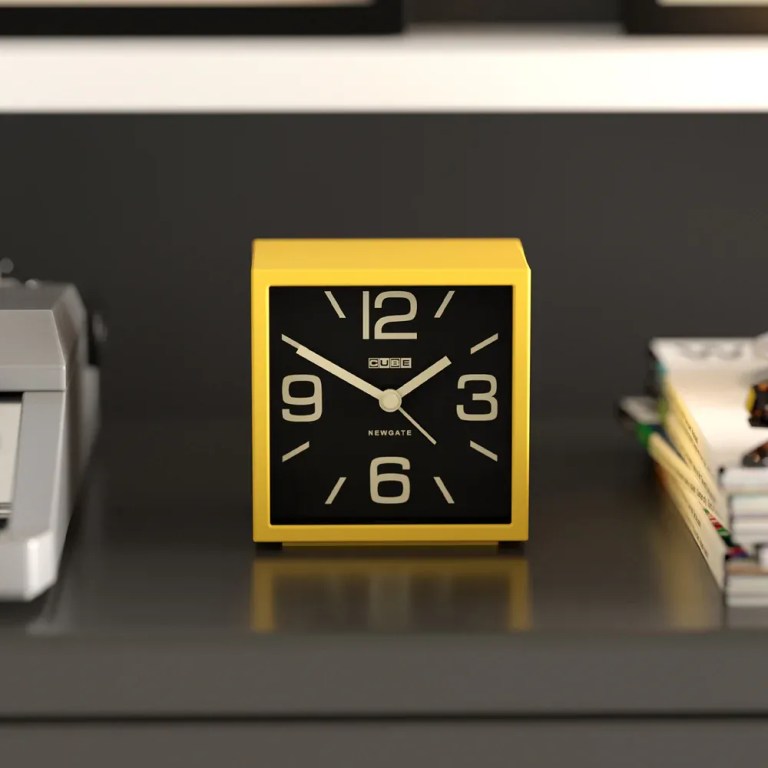 newgate cube mantel clock citrus yellow Yellow cube desk clock on shelf