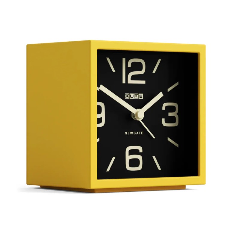 newgate cube mantel clock citrus yellow Yellow cube alarm clock with black face
