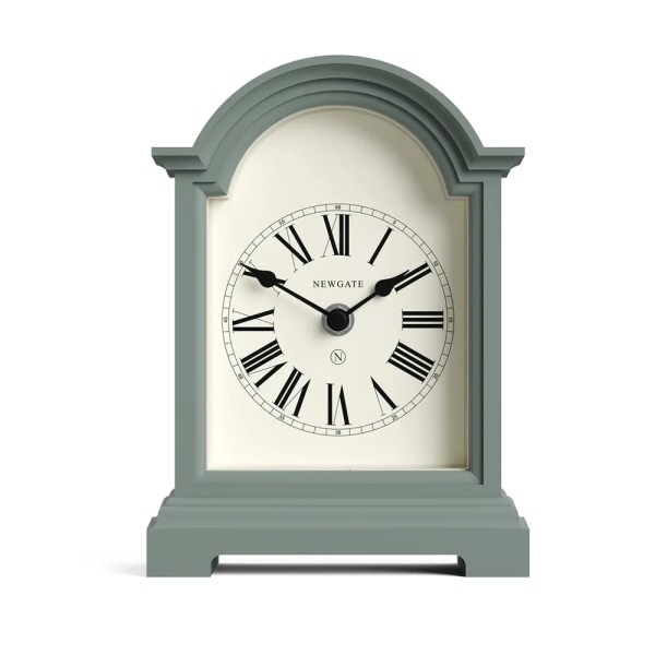 Sage green mantel clock with Roman numerals