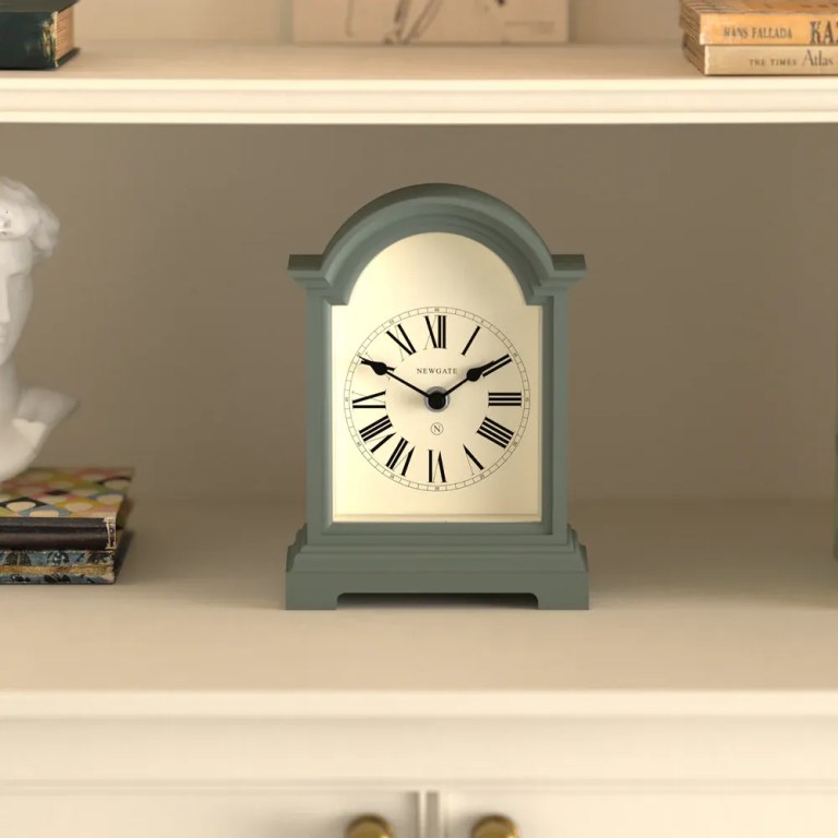 newgate fillmore mantel clock asparagus green Classic mantel clock with Roman numerals on shelf