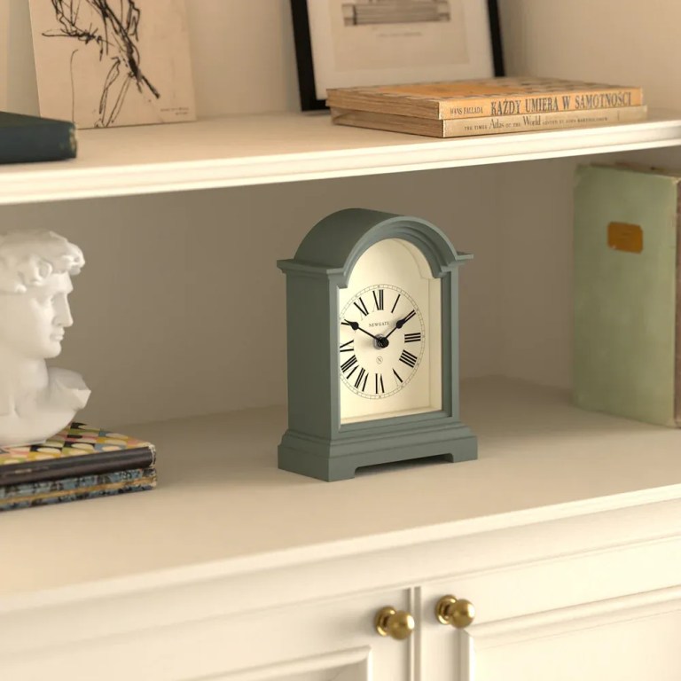 newgate fillmore mantel clock asparagus green Sage green mantel clock on white shelf