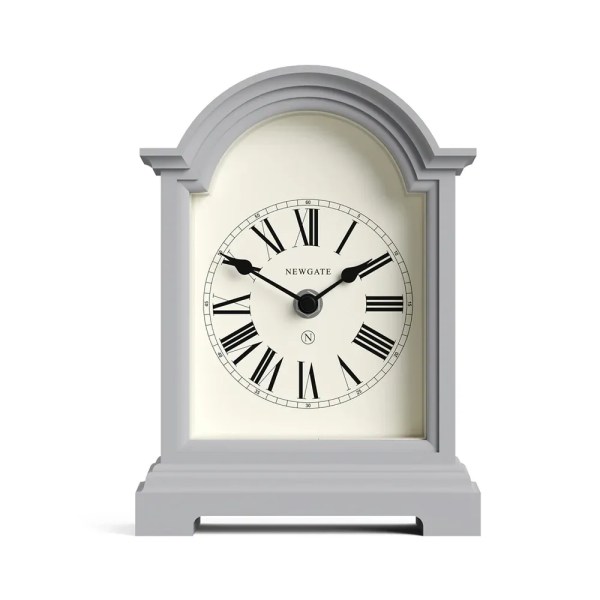 Grey arched mantel clock with Roman numerals