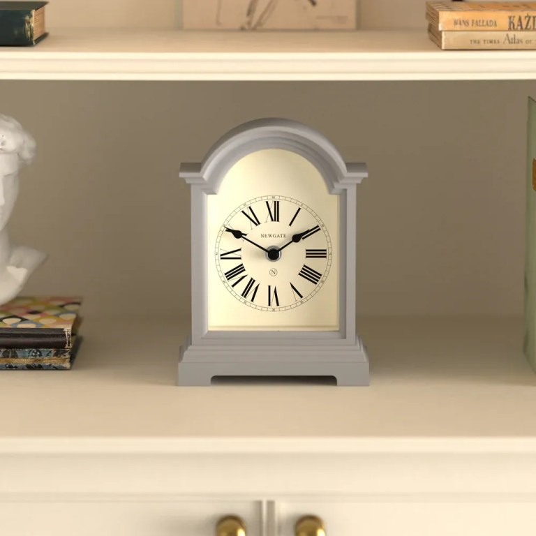 newgate fillmore mantel clock clockwork grey Classic mantel clock on white shelf
