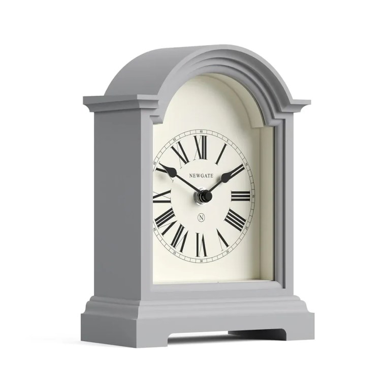 newgate fillmore mantel clock clockwork grey Grey arched mantel clock with Roman numerals