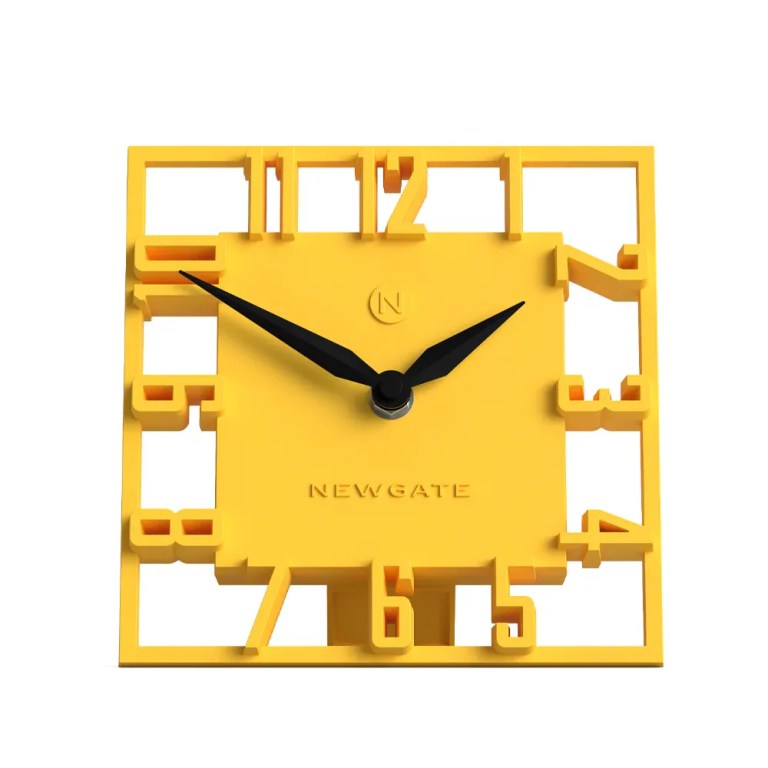 Modern yellow square wall clock with black hands