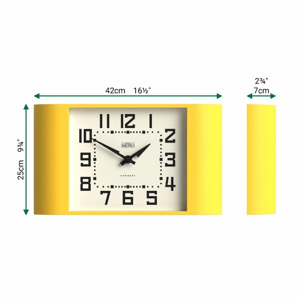 Yellow rectangular wall clock with dimensions displayed
