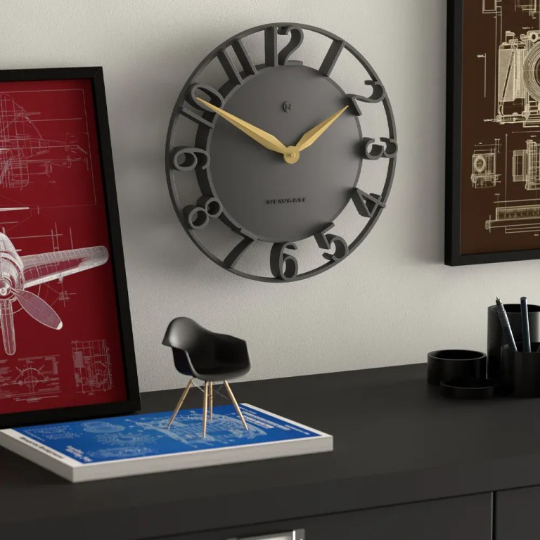 newgate time traveller wall clock grey Modern wall clock above stylish desk setup