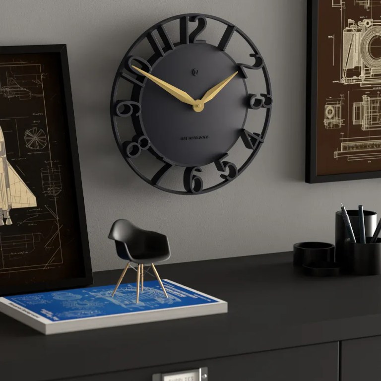 newgate time traveller wall clock petrol blue Modern black wall clock above stylish desk setup
