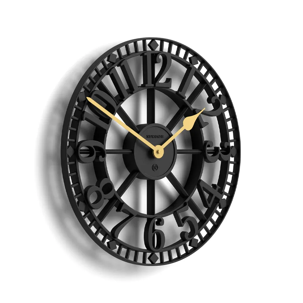 Black metal Roman numeral wall clock with gold hands
