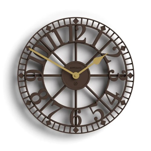 Large brown metal wall clock with gold hands