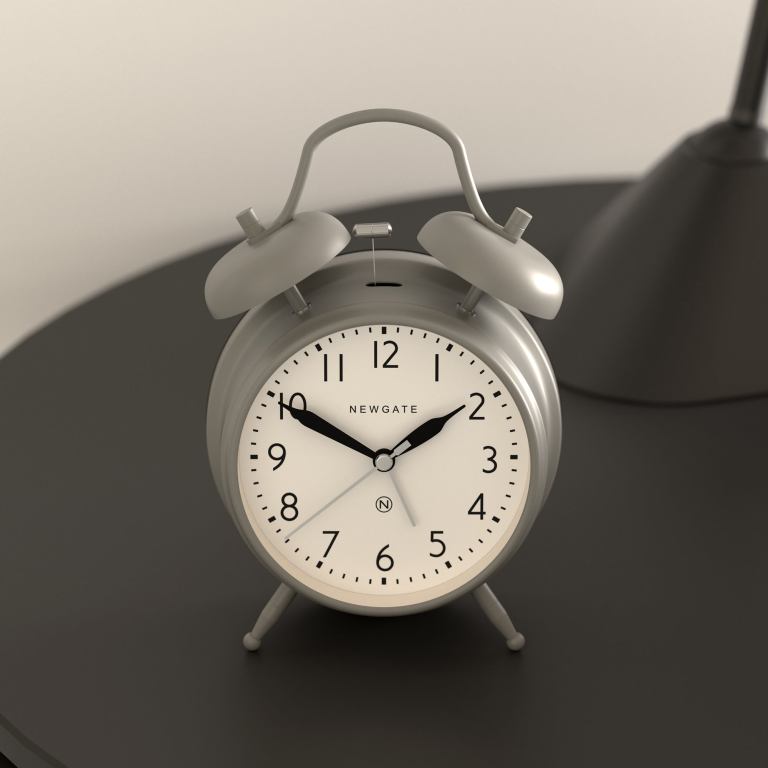 newgate new covent garden alarm overcoat grey Grey twin-bell alarm clock on bedside table