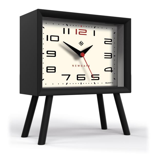 Black mid-century style desk clock with red accents
