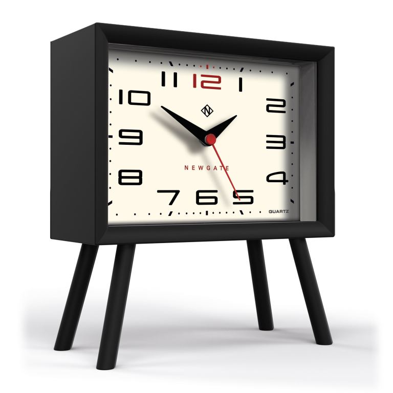 newgate henry mantel clock neutral mono ii dial Black mid-century style desk clock with red accents