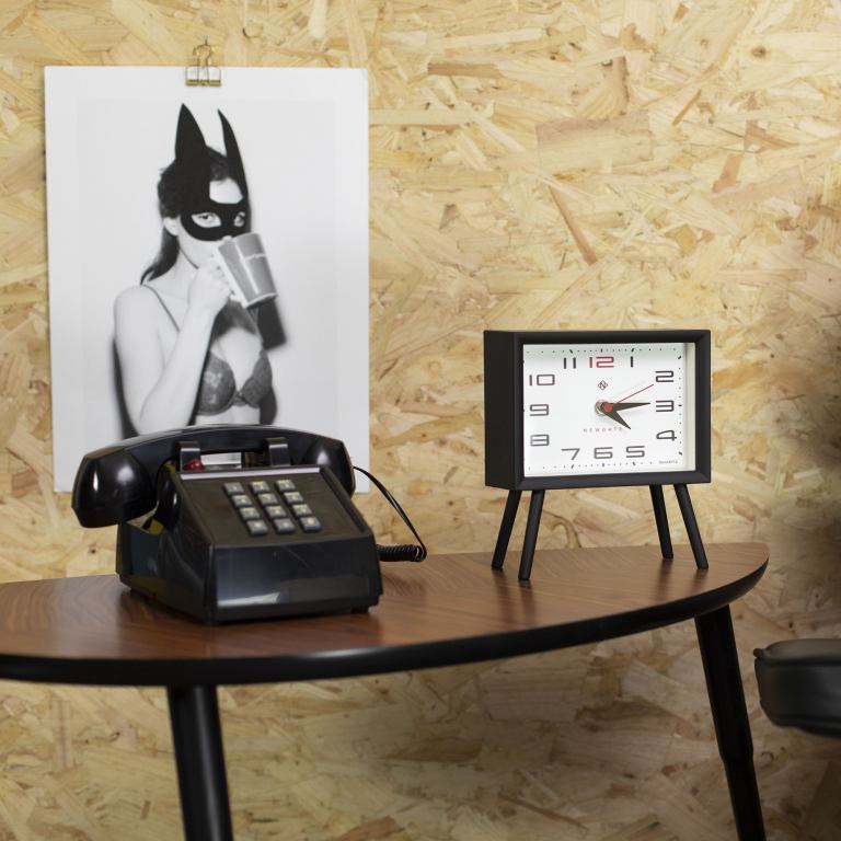 newgate henry mantel clock neutral mono ii dial Retro phone and clock beside monochrome poster