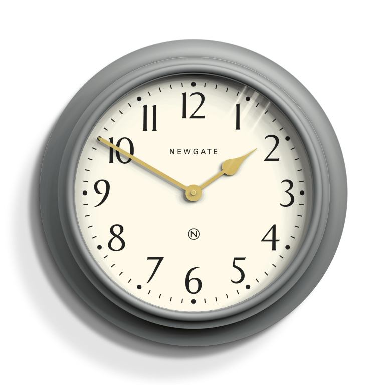 Grey framed wall clock showing ten past ten