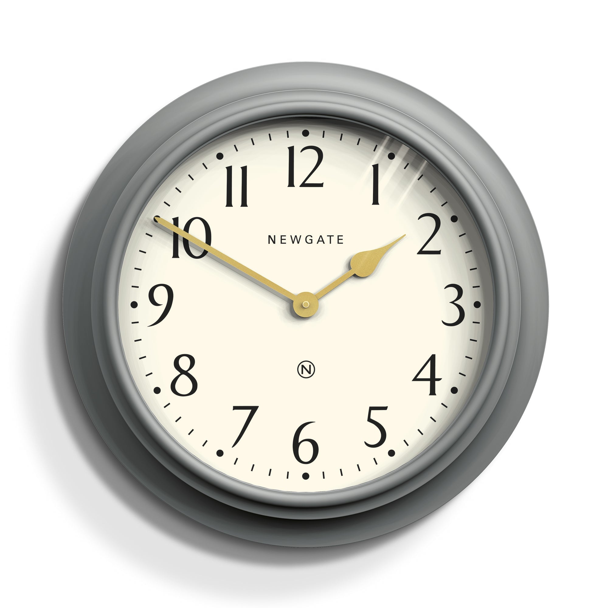 Grey framed wall clock showing ten past ten