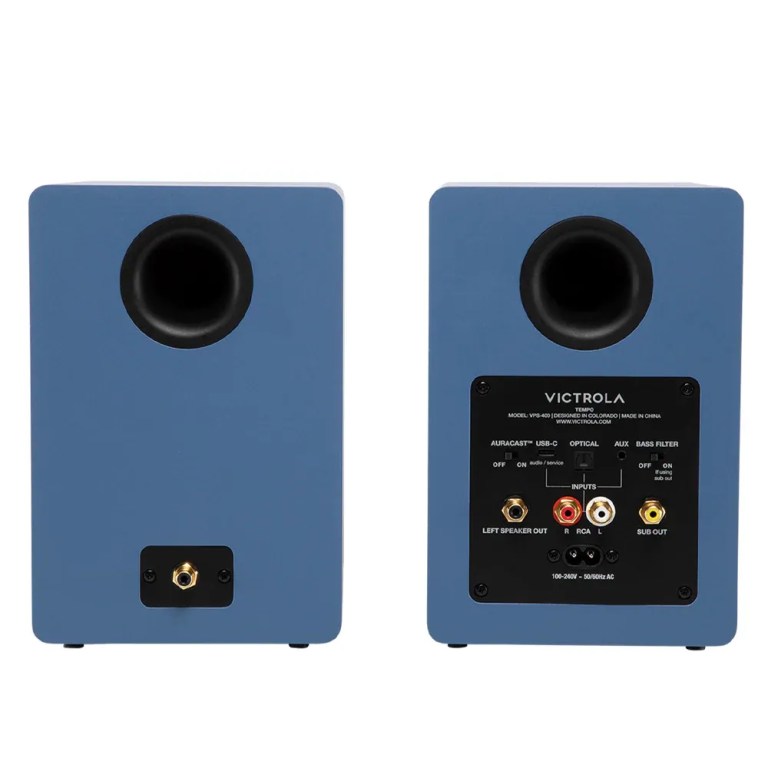 victrola tempo bookshelf speakers blue Back view of blue Victrola bookshelf speakers