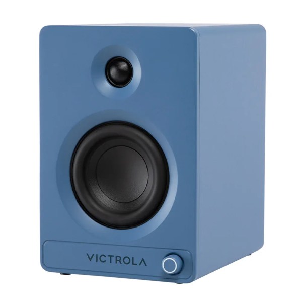 Blue Victrola bookshelf speaker with volume knob
