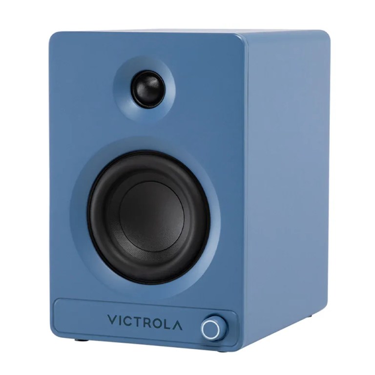 victrola tempo bookshelf speakers blue Blue Victrola bookshelf speaker with volume knob
