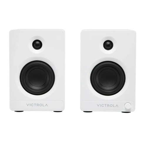 Pair of white Victrola bookshelf speakers