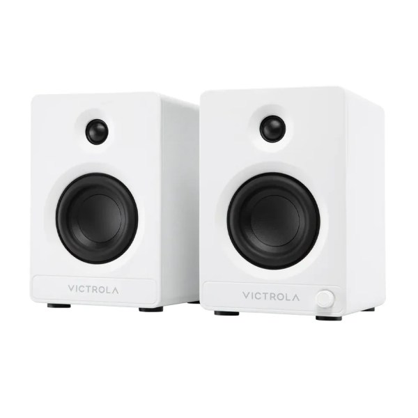 Pair of white Victrola bookshelf speakers