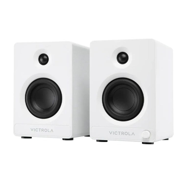Pair of white Victrola bookshelf speakers