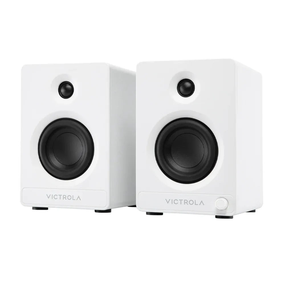 Pair of white Victrola bookshelf speakers
