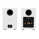 Rear view of white bookshelf speakers with ports