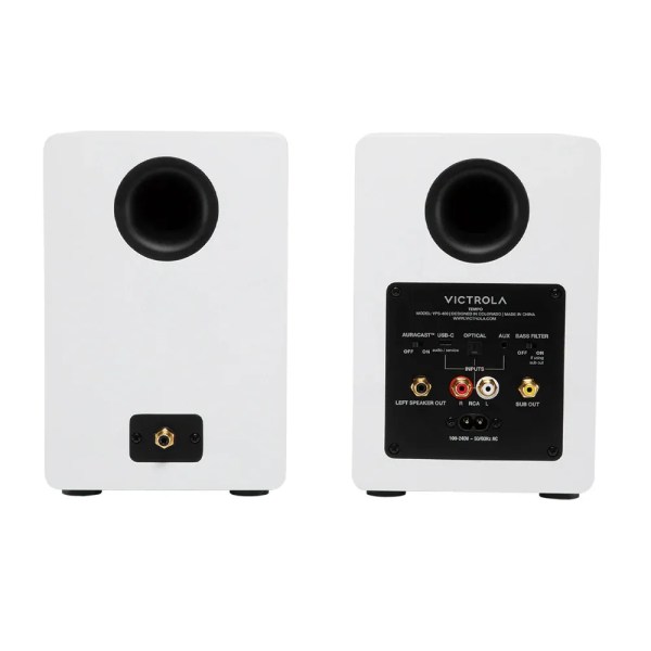 Rear view of white bookshelf speakers with ports