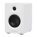White Victrola bookshelf speaker with black drivers