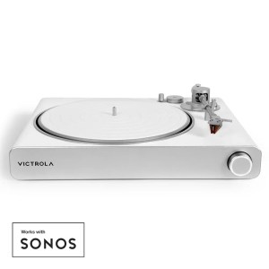 White Victrola turntable with tonearm and control knob