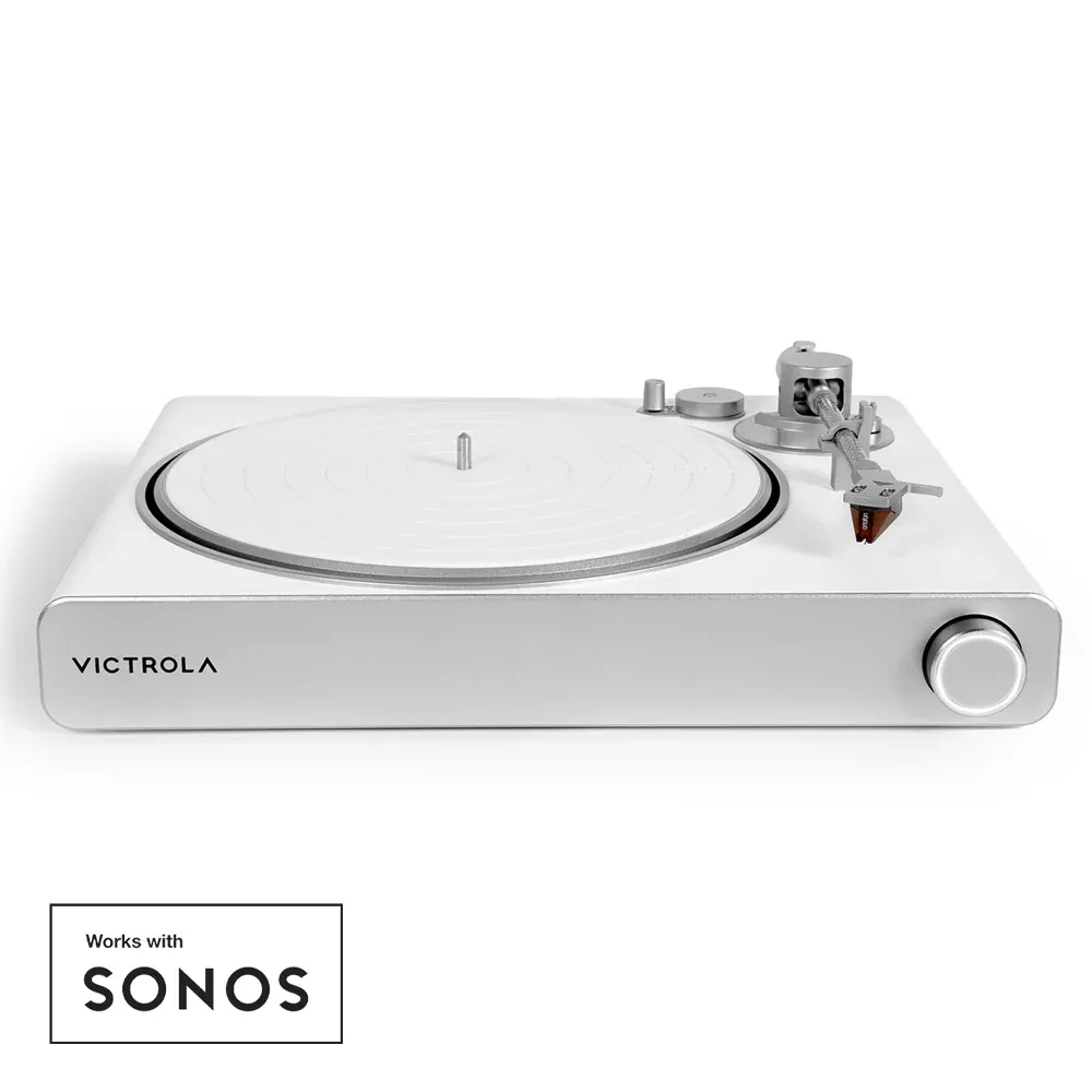 White Victrola turntable with tonearm and control knob