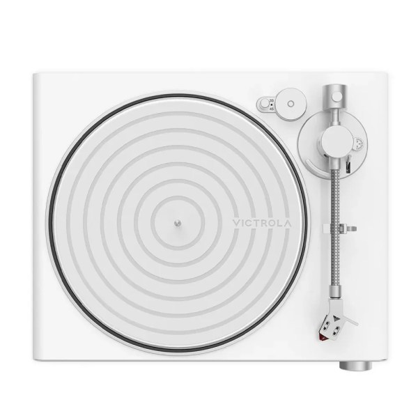 victrola stream pearl wi fi & bluetooth turntable white/silver White Victrola turntable viewed from above