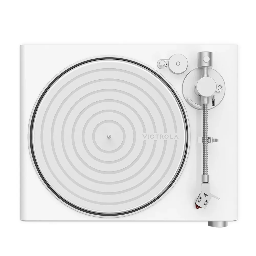 White Victrola turntable viewed from above