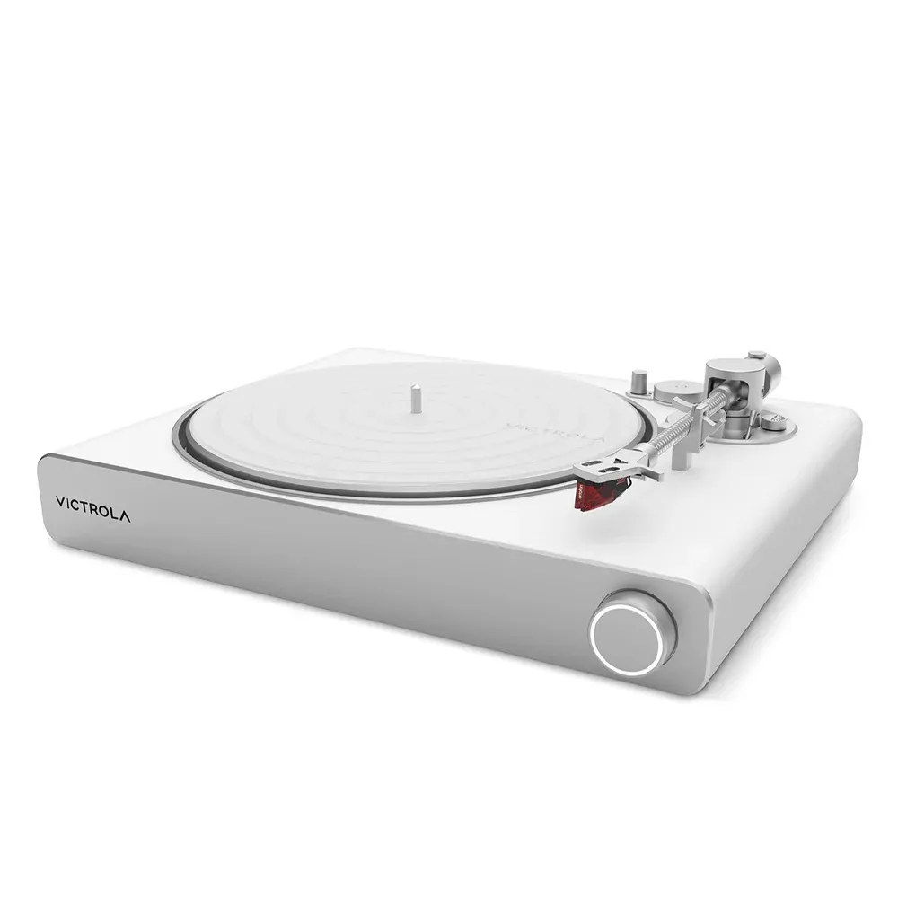 White Victrola turntable with tonearm and dial