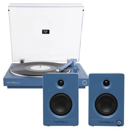 Blue Victrola turntable with matching speakers