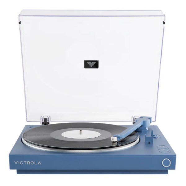 victrola automatic turntable + victrola tempo bookshelf speakers bundle blue Blue Victrola turntable with vinyl record and dust cover