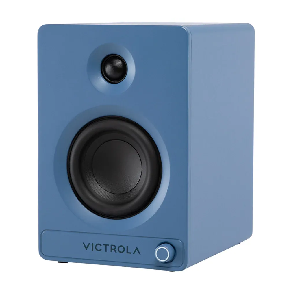 Blue Victrola bookshelf speaker with woofer and tweeter