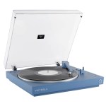 victrola automatic turntable + victrola tempo bookshelf speakers bundle blue Blue Victrola turntable with vinyl record