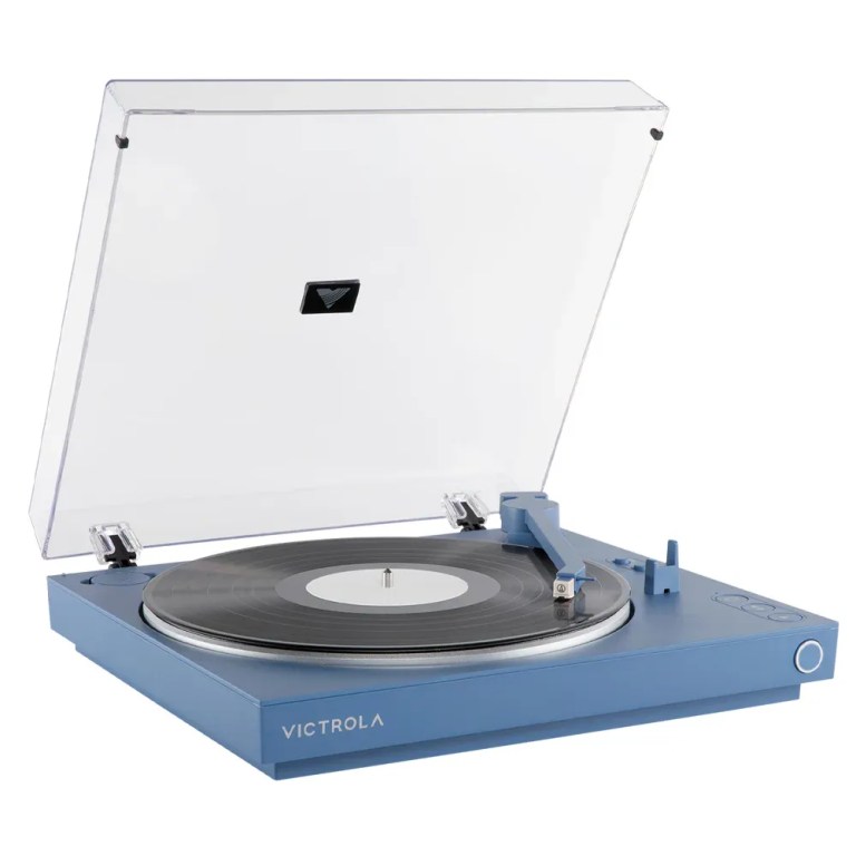 victrola automatic turntable + victrola tempo bookshelf speakers bundle blue Blue Victrola turntable with vinyl record