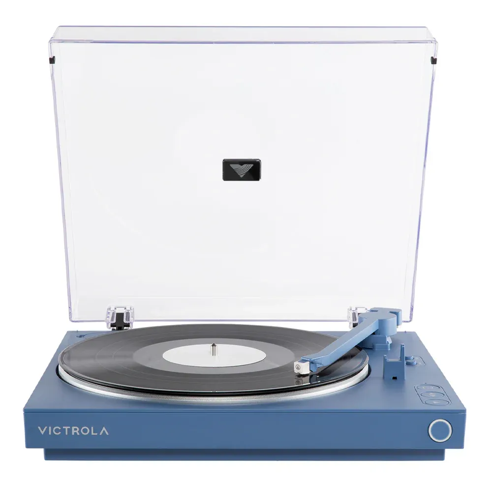 Blue Victrola turntable with vinyl record