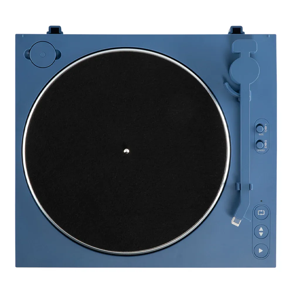 Top view of modern blue turntable