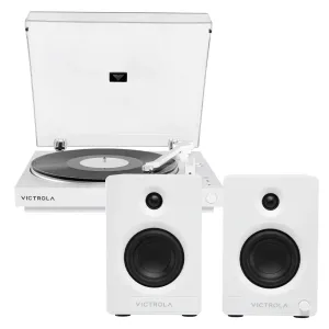 White Victrola turntable with matching bookshelf speakers