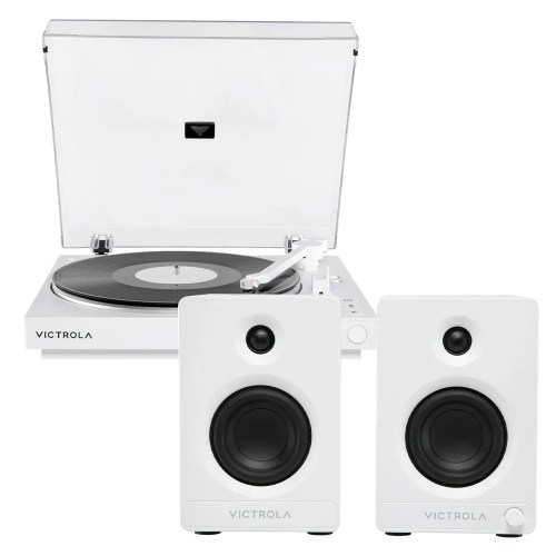 White Victrola turntable with matching bookshelf speakers