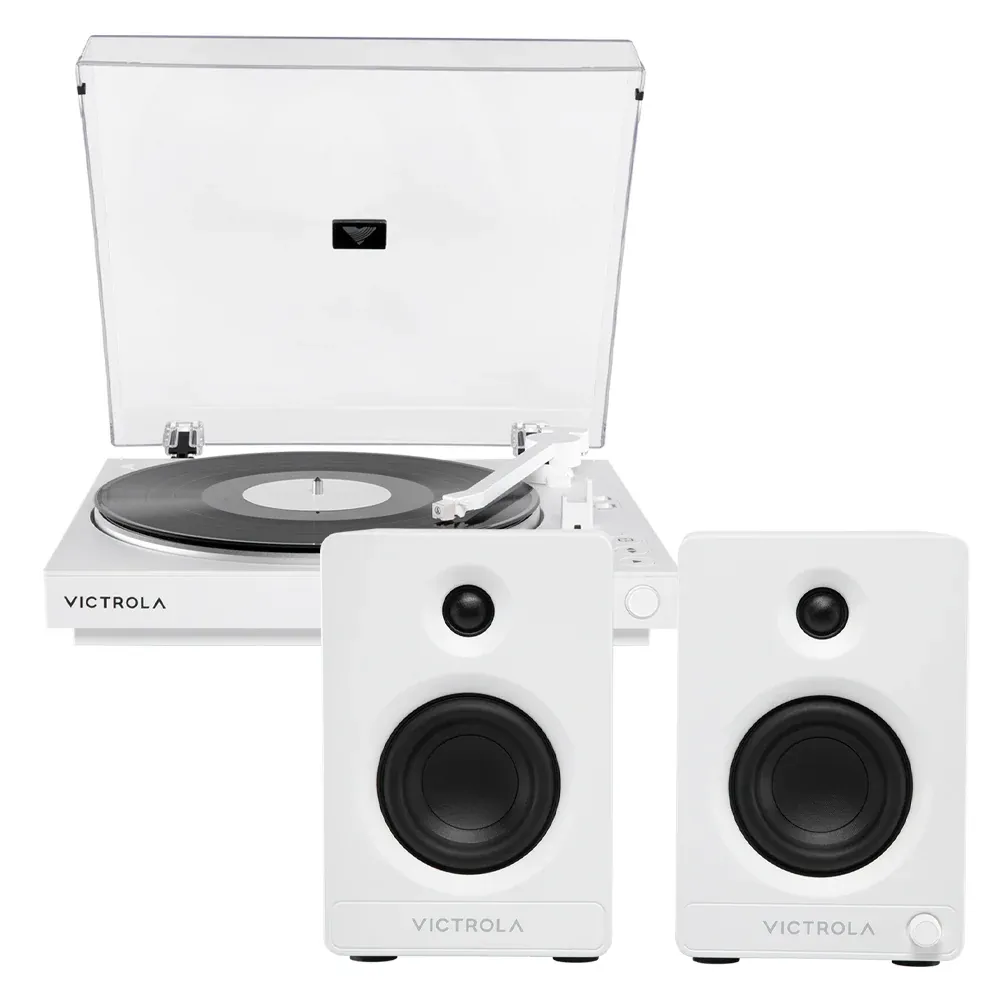 White Victrola turntable with matching bookshelf speakers