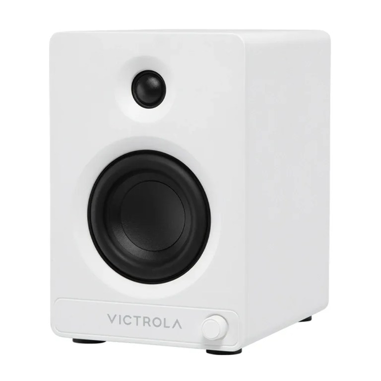 victrola automatic turntable + victrola tempo bookshelf speakers bundle white White Victrola bookshelf speaker with black drivers