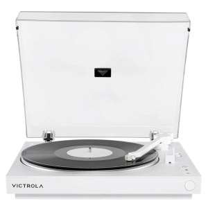 White Victrola turntable with clear dust cover